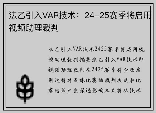 法乙引入VAR技术：24-25赛季将启用视频助理裁判